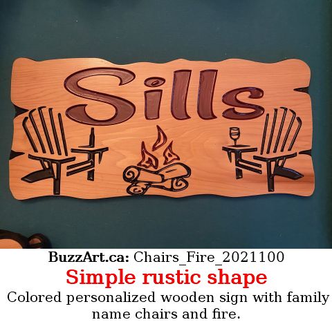 Colored personalized wooden sign with family name chairs and fire.